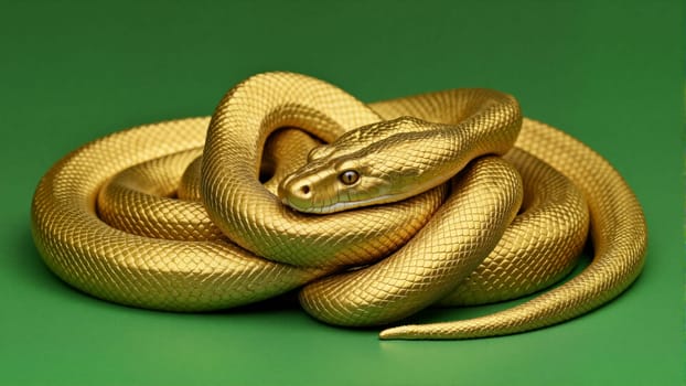 A gold colored snake is curled up on a green surface. The snake is curled up in a way that makes it look like it is sleeping