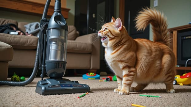 A cat is standing in front of a vacuum cleaner. The cat is making a loud noise, and the vacuum cleaner is turned on. The scene is chaotic and messy, with the cat