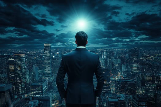 A captivating view of a city skyline at night, featuring a solitary man gazing towards a powerful spotlight. The urban landscape is illuminated against the dark clouds, evoking feelings of ambition and inspiration.