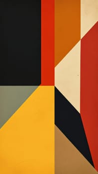 Abstract composition featuring contrasting geometric shapes in various colors. A combination of black, red, orange, yellow, and beige forms a bold and vibrant visual piece of art.