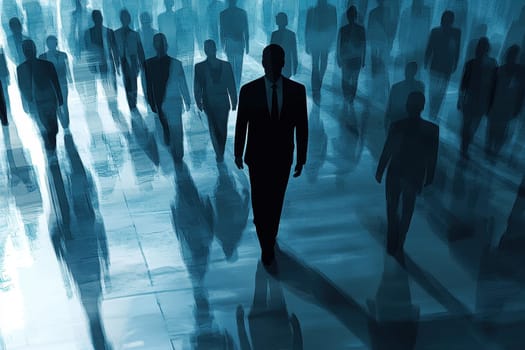 A striking representation of a unique human figure walking among transparent silhouettes, creating a captivating blend of isolation and presence in a blue-toned environment.