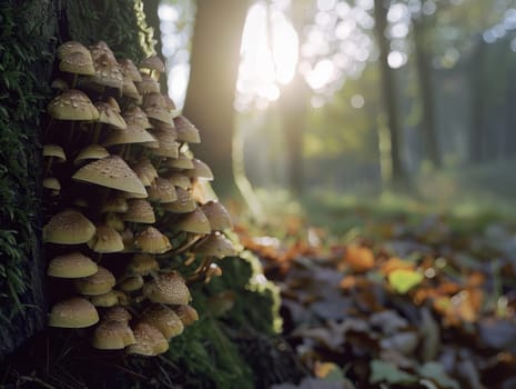 A close up photo shows a cluster of mushrooms sprouting from the side of a moss-covered tree trunk in a forest. The scene is softened by sunlight filtering through the dense foliage.