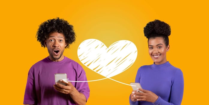 A couple expresses their affection on St. Valentine's Day, happily engaging with each other through smartphones. They share loving messages, emphasizing their connection and joy.