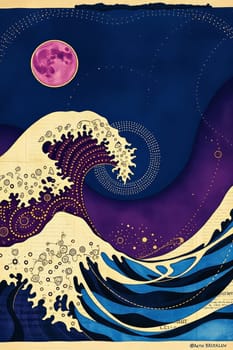 A surreal image of a wave rendered in a stylized manner beneath a bright pink moon. The scene merges oceanic and cosmic elements with intricate patterns, dots, and lines.