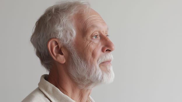 Close-up portrait of elderly man with wrinkles, old skin, profile, looking away, gray hair, side view, on white background