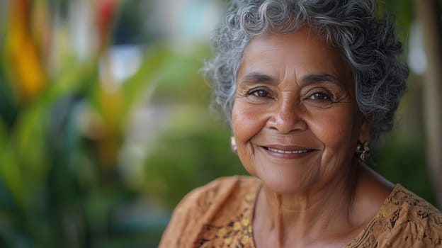 Portrait of senior Hispanic woman outdoors, elderly retired female standing in garden looking at camera