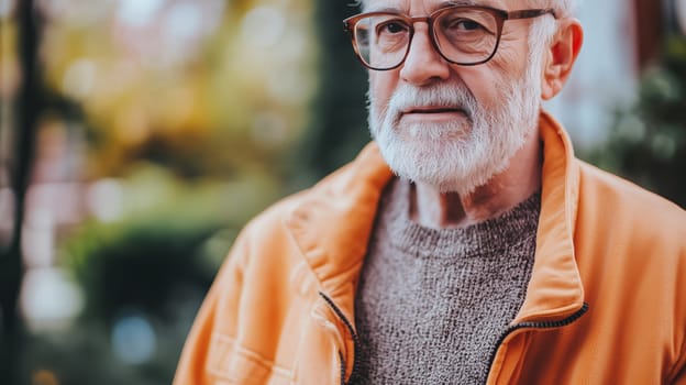 Close-up portrait of elderly retired man with glasses, bearded, gray hair, looking at camera outdoors, in a summer park