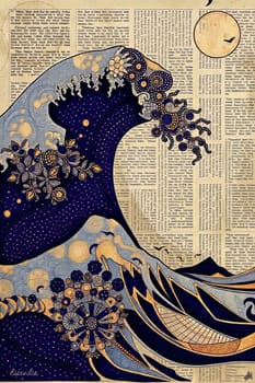 Intricate wave art blending oceanic patterns with antique newspaper. Ornamental details and a limited color palette create a stylized depiction of nature against a textured backdrop.