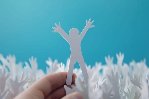 A handmade cutout of a human figure is being lifted by a hand amidst a sea of white paper hands, symbolizing support and joy against a vibrant blue background.