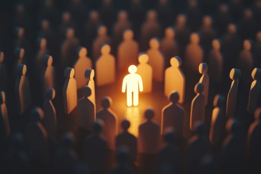 This captivating image depicts a unique bright human figure glowing among transparent silhouettes in a dark space, representing individuality and connection.