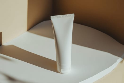 This image features a luxurious sun protection product displayed on a minimalist surface, beautifully lit by natural light, emphasizing its sleek design and aesthetic appeal.