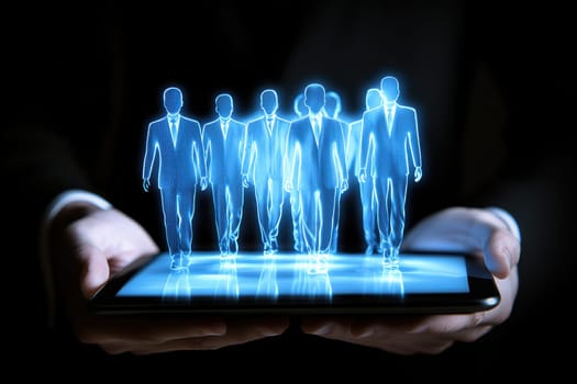 A recruiter holds a tablet that displays holographic figures, representing modern recruitment. This image symbolizes the innovative technologies transforming the hiring process.