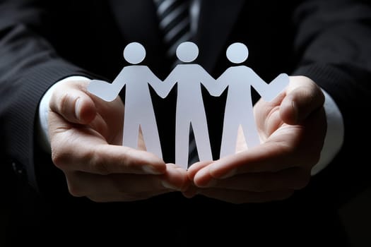 A pair of hands in a business suit lift a paper cutout of human figures, symbolizing teamwork and support in a creative and abstract manner.