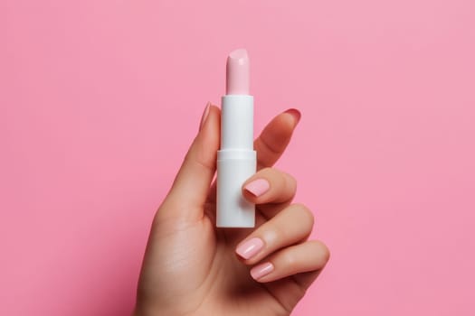 A close-up shot of an elegant hand holding pink lipstick against a soft pink backdrop, perfect for showcasing beauty aesthetics, fashion trends, and cosmetic products.