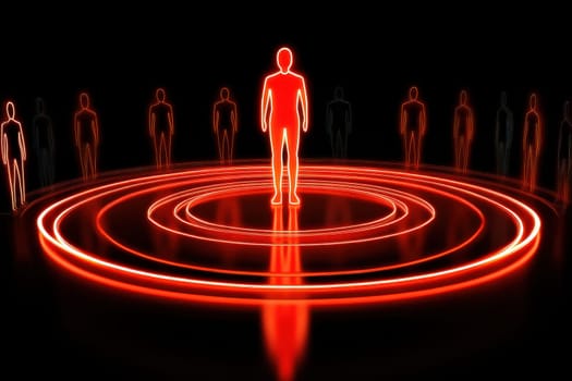 A neon figure stands on a podium, illuminated by bright circles of light, creating a striking contrast against a dark background, ideal for modern designs.