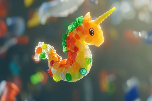 A whimsical plastic sea horse floats gently, illuminated by sunlight, amid a colorful ocean of bottles and debris, showcasing the importance of environmental awareness.