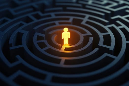 A glowing figure stands in the heart of a complex maze, symbolizing challenges and explorations. Ideal for themes of strategy and problem-solving.