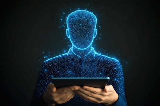 A recruiter displays data on a tablet in a dark environment, with glowing digital effects enhancing the professional atmosphere of information exchange.