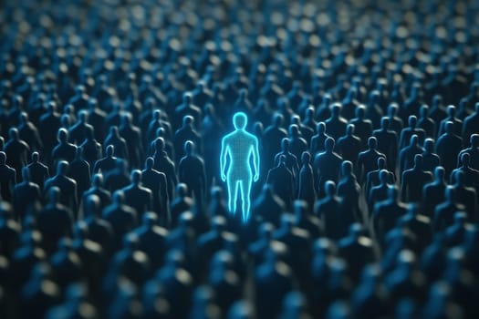 A glowing blue human icon uniquely stands out among a crowd of silhouetted figures, symbolizing individuality and presence in a sea of anonymity.