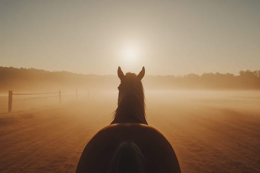 A tranquil scene of a horse standing in a misty valley at sunrise, with soft light creating an atmospheric and serene mood, ideal for nature lovers.