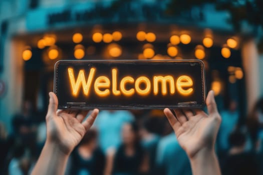 A modern welcome sign displayed in an office lobby, featuring warm lighting and a cozy atmosphere. The inviting design creates an engaging space for visitors and staff.