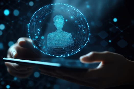 A recruiter holds a tablet displaying a digital profile, showcasing modern recruitment methods through technology and virtual interaction. Ideal for business and networking contexts.