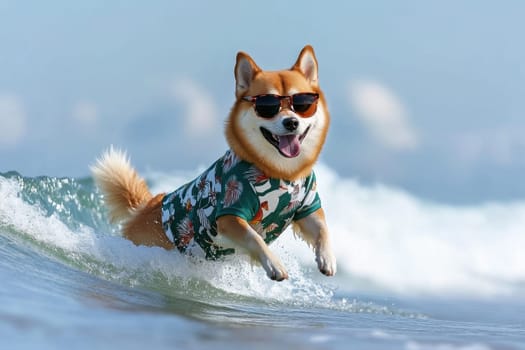 A joyful dog in a vibrant beach-themed shirt splashes through the waves, soaking up the sun. Perfect for summer vibes, capturing playful moments by the ocean.