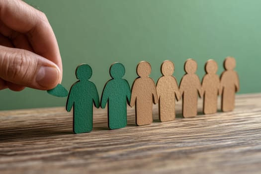 A hand lifts a paper cutout of a human figure, symbolizing teamwork and connection. The unique design contrasts against a green background, showcasing creativity.