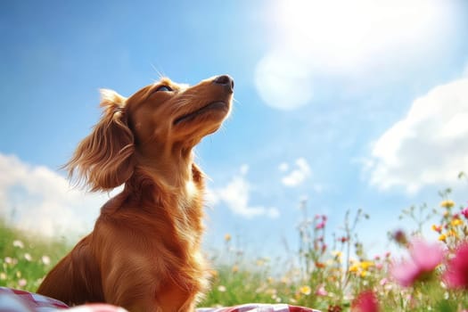 A playful dachshund sits thoughtfully on a checkered picnic blanket surrounded by a beautiful natural setting. The bright sun illuminates its fluffy ears and cute features, creating a serene ambiance.