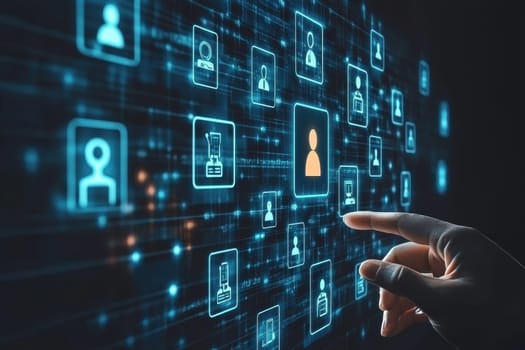 Explore a dynamic holographic setup showcasing a recruiter engaging with digital elements during an interview. This innovative scene captures technology and interaction.