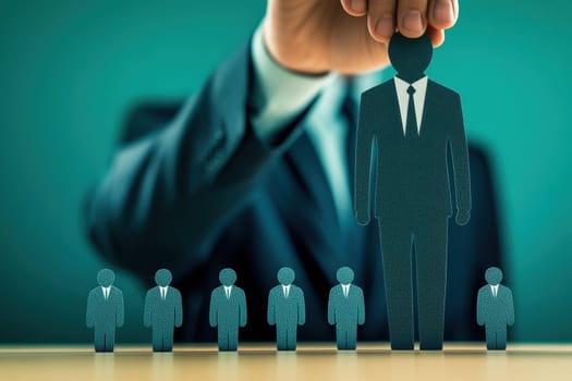 A human figure cutout is lifted above a line of smaller paper figures, symbolizing leadership and decision-making in a professional environment.