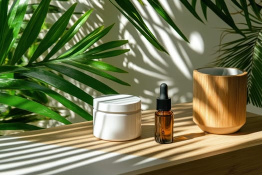 A contemporary beauty mockup showcasing skin care products amidst lush greenery, highlighting a serene and elegant indoor atmosphere perfect for wellness and relaxation.