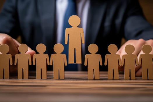 A cutout of a human figure is being lifted above others in a professional setting, symbolizing leadership, inspiration, and teamwork in a corporate environment.