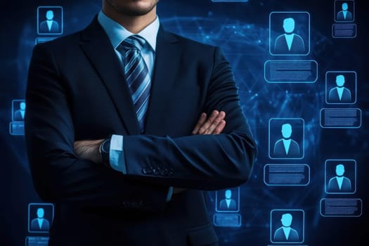 A professional recruiter stands confidently with arms crossed in a business meeting setting, showcasing digital connections on a virtual background. Ideal for themes of recruitment and networking.