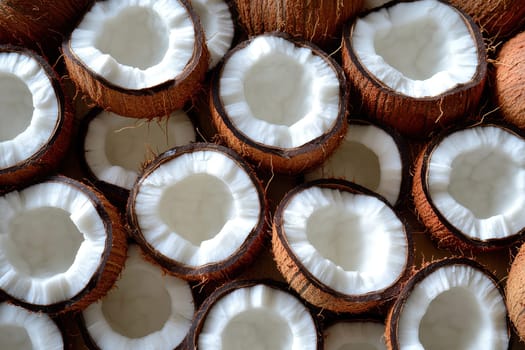 A stunning full-screen arrangement of thick cut coconut shells showcases their natural textures in a simple yet striking composition. Ideal for wallpaper use.