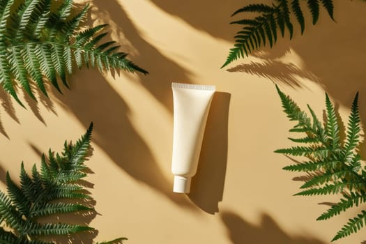 This vibrant still life features a white plastic tube centered among lush green fern leaves. The soft sunlight casts gentle shadows, creating a fresh and clean aesthetic perfect for beauty or lifestyle themes.