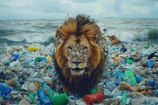 A striking portrayal of a lion made from shredded plastic, set against a polluted beach background. This image highlights environmental issues, aiming to raise awareness about ocean waste and animal conservation.