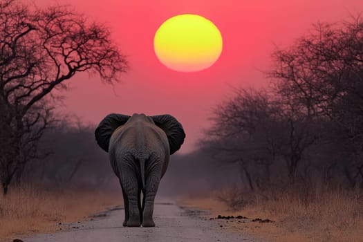 A majestic elephant stands silhouetted against a stunning sunset over a dusty savanna, creating a tranquil and beautiful scene that captures the essence of wildlife and nature.