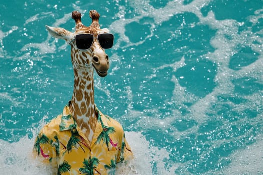 A playful giraffe wearing a tropical shirt and sunglasses confidently enjoys a splash in a vibrant blue pool, surrounded by palm trees, embodying summer fun.