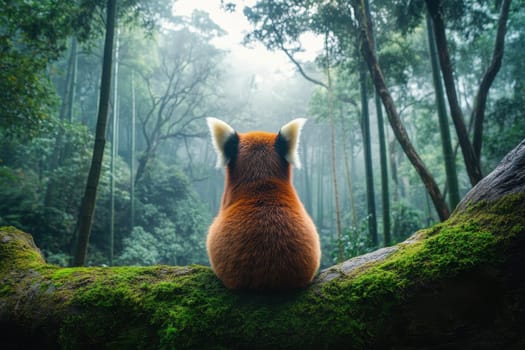 A serene back view of a red panda sitting on a mossy log in a lush green forest. The misty atmosphere enhances the tranquility of this wildlife moment.