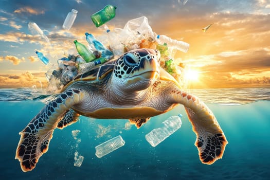A majestic sea turtle swims gracefully through polluted waters, showcasing the urgent need for marine conservation efforts. The turtle is surrounded by plastic waste, highlighting the critical impact of pollution on ocean life.