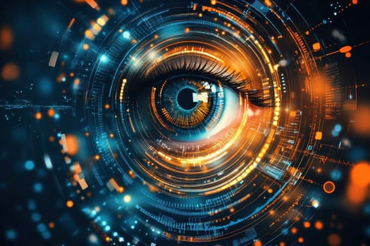 A striking close-up of an eye reflecting a vibrant digital interface, symbolizing the future of hiring and recruitment. The image captures the intersection of technology and human observation, perfect for showcasing innovation in recruitment.