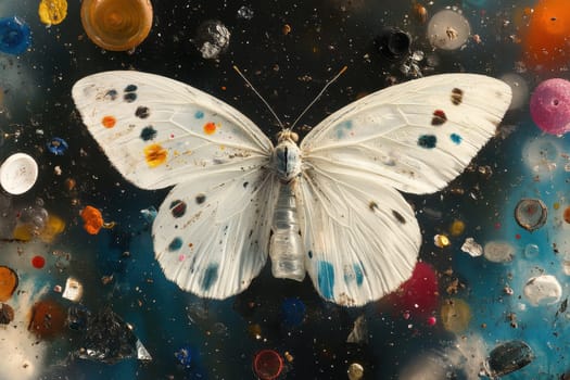 A delicate butterfly with colorful spots is creatively encased in a plastic bottle, showcasing the beauty of nature. This artistic display highlights fragility and contrasts with vibrant colors, ideal for unique decor.