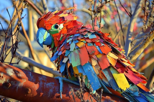 This vibrant parrot sculpture, crafted from colorful plastic pieces, showcases a unique artistic vision, blending wildlife and creativity in an engaging outdoor setting.