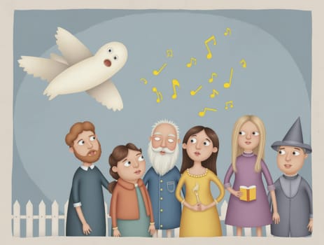A delightful illustration shows a ghost singing above a family of diverse ages and appearances. The group appears to be listening attentively. Musical notes float around the ghost's figure.