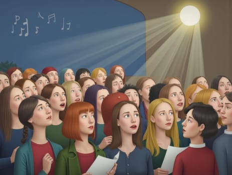 A diverse group of women singing in a choir on stage. They hold sheet music, illuminated by a spotlight, with music notes in the background. The ensemble is united in song.