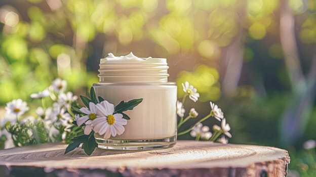 Cosmetic cream in a glass jar. Skin care concept. Background for beauty products