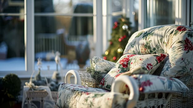 Colorful pillows on sofa against glass wall of window in a winter garden or conservatory. Interior textile concept. High quality photo