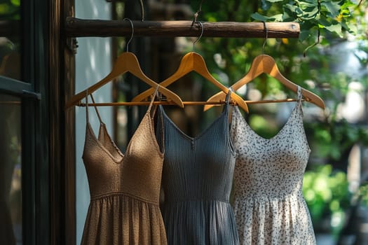 Three summer women's dresses hang on wooden hangers. Summer dress in trendy mocha color, modern clothing display