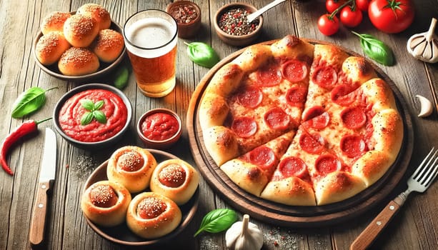 A cozy pizza night setup featuring a freshly baked pepperoni pizza with melted cheese and a golden crust, accompanied by garlic knots and marinara sauce. The warm, rustic setting is enhanced by fresh basil, red pepper flakes, garlic cloves, and a cold glass of beer on a dark wooden table.